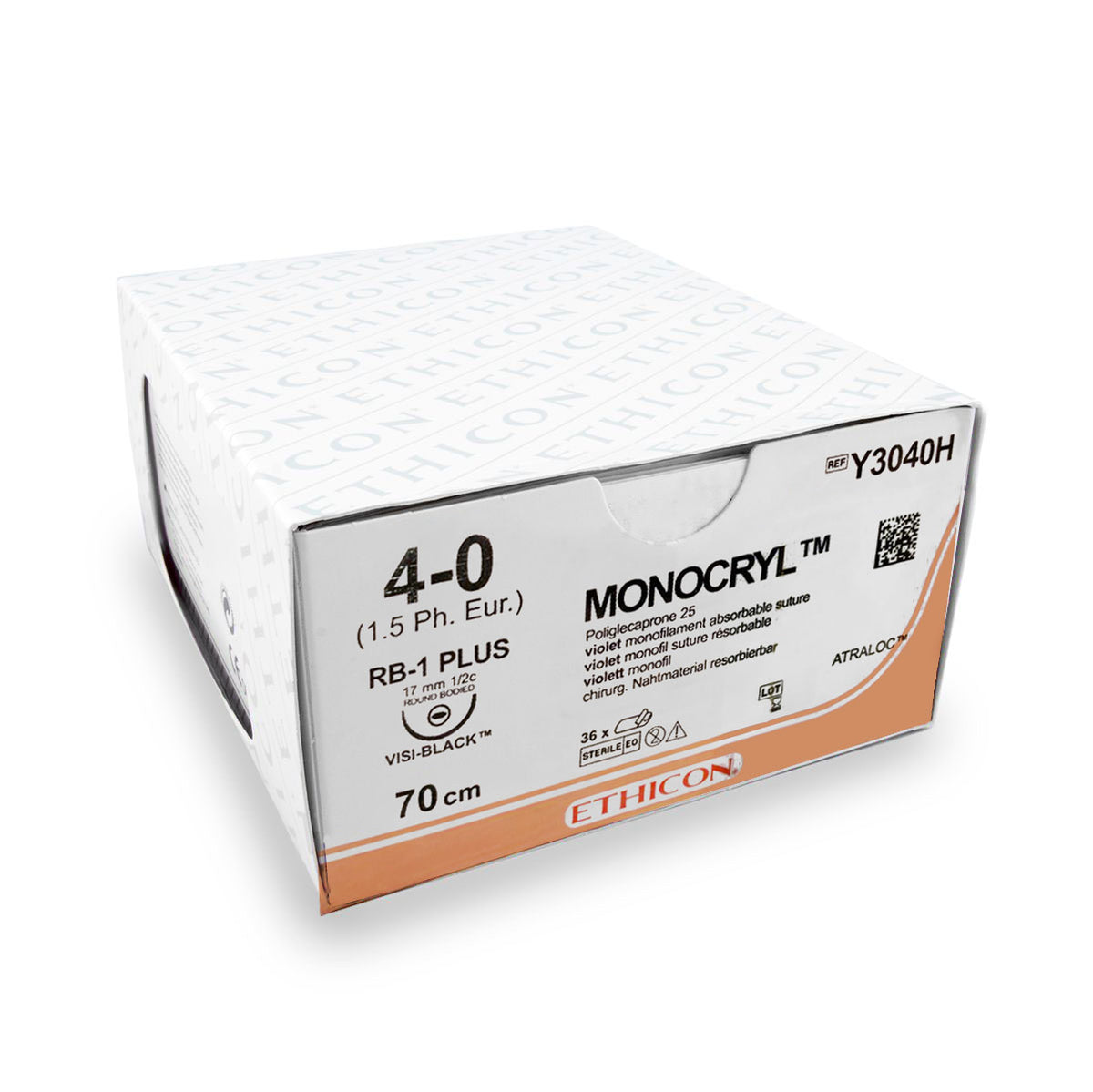 Ethicon Suture Monocryl (MCP3040H, RB-1 Plus, 70 cm, 4-0) - 36 pièces