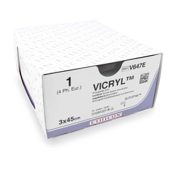 Hechtdraad Vicryl Plus (V637E, USP 1, 3 x 45cm), 24 stuks | Ethicon