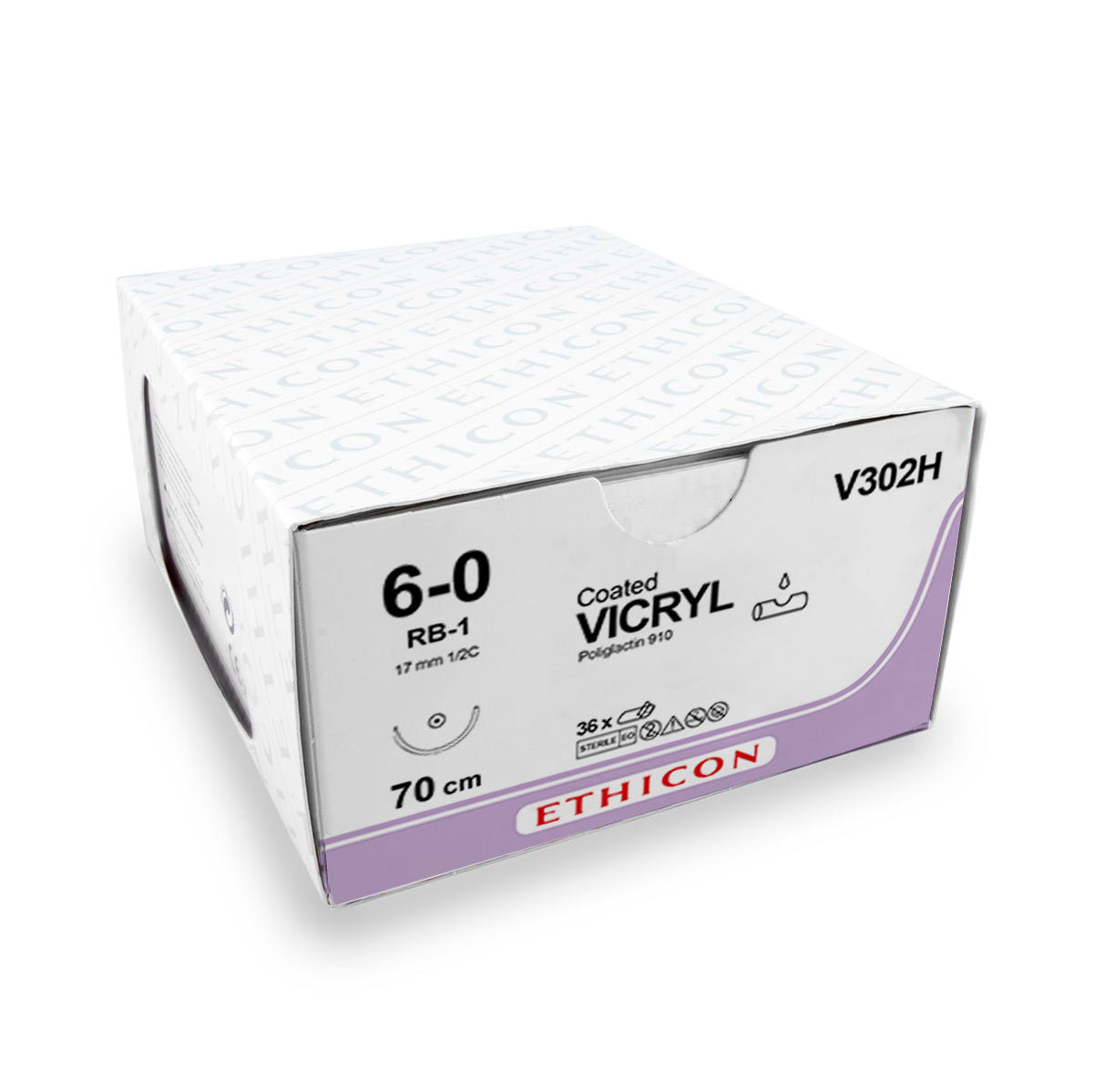 Ethicon Vicryl, USP 6-0, 70 cm, RB-1 Violet, V302H - 36 unités
